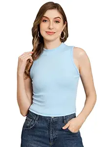 FUNDAY FASHION Women's Solid Ribbed Crop Tank Top for Women's (Medium, Sky Blue)