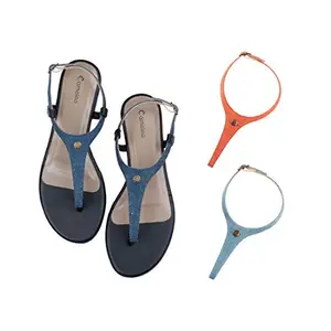 Cameleo -changes with You! Women's Plural T-Strap Slingback Flat Sandals | 3-in-1 Interchangeable Strap Set | Dark-Blue-Olive-Green-Yellow