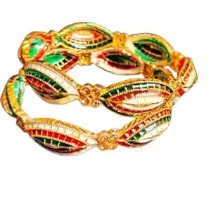 Allure Glittering Bracelet & Bangles Traditional Enamel Bangle Set, Gold-Toned with Green and Red Design, 2.6-2.8 Size, 2 Pieces (2.8)