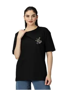 TFA THE FASHION ADDICTION Oversized T-Shirt | Women | Cotton Lycra | Printed | Round Neck | 3/4 Sleeves | Black XL