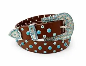 Craft By Universal Men’s Western Style Black Leather Belt with Turquoise Stone Studded Buckle | Designer Cowboy Fashion Belt for Jeans & Casual Wear
