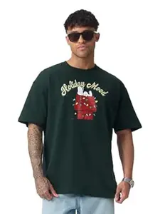 The Souled Store Peanuts: Holiday Mood Men and Boys Short Sleeves Round Neck Dark Green Graphic Printed Holiday Lightweight Drop Shoulder Streetwear Trendy Oversized T-Shirt