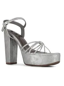 Inc.5 Womens Silver Party Wear Striped Round Toe Block Heel Sandals