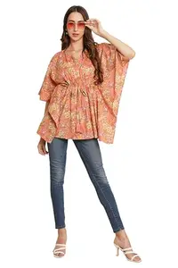 AMAZON BRAND - ANARVA Jaipuri Cotton Kimono Sleeves Printed Longline Kaftan Top for Women (Sunny Bloom)