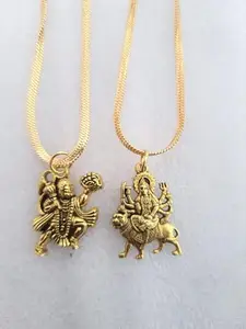 R K Enterprises Locket of Durga Maa & Hanumaan Ji | Goldplated Locket With Chian For Men & Women (Pack of 2)
