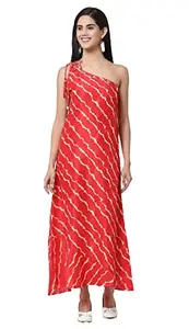 Generic Women's Printed Sleeveless One Shoulder Casual Dress (Color:Red, Material:Silk Blend, Size:2XL)-PID40454
