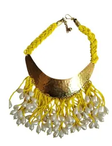 Necklace in Multi Colour with golden brass and artificial beads with pearl drops for Women.