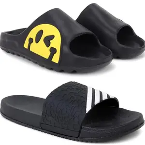 Pampy Angel Combo Pack of 2 Slipper/Flip Flops/Slides/Clogs/Sandals with Adjustable Back Strap for Men,(Y-To-Eyes-Black,Shimla-Black),6 (UK/India)