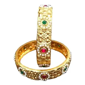 KAAJBUTTON Gold Plated Kundan Bangles Studded with Green And Pink Stones (2.4)