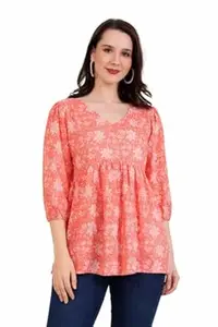 WEARORA Women’s Rayon Floral Printed A-Line Short Kurti Top 3/4 Sleeve Office