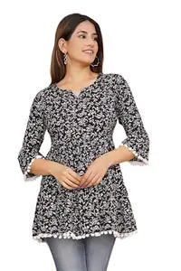 Floral Print Black V-Neck Tunic TOP Short Kurti for Women 3/4 Sleeve Cotton TOP, Casual & Comfortable Floral Design (Size - M)