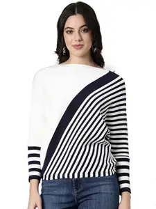SHOWOFF Women's Round Neck Striped Boxy Navy Blue Batwing Sleeves Top-601_NavyBlue_S