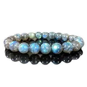 RRJEWELZ Natural Labradorite Round Shape Smooth Cut 10mm Beads 7.5 inch Stretchable Bracelet for Healing, Meditation, Prosperity, Good Luck | STBR_04606