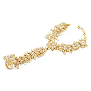 I Jewels Traditional 18k Gold Plated Embellish With Kundan & Pearl Adjustable Haath Phool/Panja Bracelet for Women (PIJ027W) (Pack of 1)