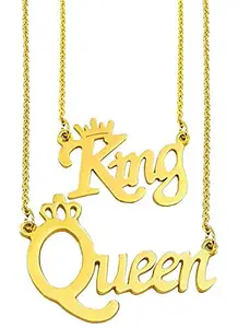 Bigwheels Stylewell (Set Of 2 Pcs) CMB7364 Golden Trending Valentine's Day Special Metal Stainless Steel King And Queen Name Letter Romantic Love Couple Locket Pendant Necklace With Chain For Boy's And Girl's