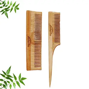 GrowMyHair Neem Wood Comb Anti-Bacterial Anti Dandruff Comb for All Hair Types, Promotes Hair Regrowth, Reduce Hair Fall (Set of 2 ,Wide & Thin, Long Tail Comb)