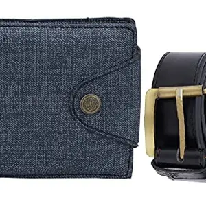 POLAND PU Leather Belt and Wallet Combo for Men and Boys (Blue Wallet/Black Belt)