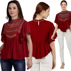 Women's Designer Ruffle top White, XSmall(34) (Maroon, 40)