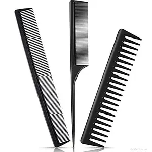 APTRIM 3 Pieces Black Comb Set Carbon Fiber Cutting Comb Set, Fine and Wide Tooth Comb, Anti-Static Rat Tail Comb Pintail Comb, Large Hair Wide Tooth Detaining Comb for Most Hair Types