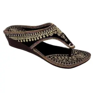 Women Ethnic Slippers for Girls Velvet Embroidery Stylish Chappal Fashion Sandals Flats for Office Casual (Black, UK Footwear Size System, Adult, Women, Numeric, Narrow, 8)