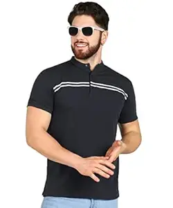 Alan Jones Clothing Men's Cotton Regular Fit Mandarin Collar Solid Polo T-Shirt