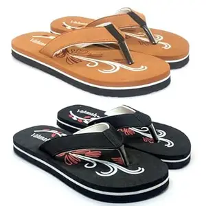 VAHMAH Women's flat Printed Slipper Flipflop/Daily Flipflops/Slipper For Girl Women Stylish | Super Soft | Casual wear| Anti Skid |Thong Slippers for Women (Tan)(Combo Pack Of 2) (BLT-079-Tan-BLK-37)_PT