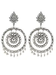 KRELIN Oxidized Mirror Work Silver Afghani Stylish Flower Double Round Traditional Handcrafted Chandbali Earrings For Women And Girls