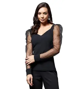 Miss Chase Women's Black Solid V-Neck Full Sleeve Relaxed Fit Regular Top(MCSS22TP14-16-62-03, Black, S)
