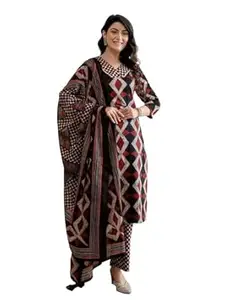 feranoid Bordered V-Neck 3-Piece Kurta Set with Ankle-Length Pants & Full-Length Dupatta (M–XXL)