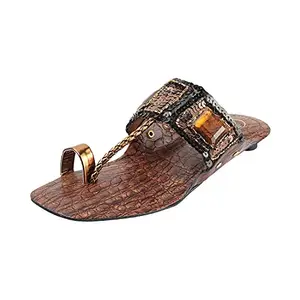 Catwalk Women's Boho Beaded T-Strap Flats Brown Sandal (5188BX)