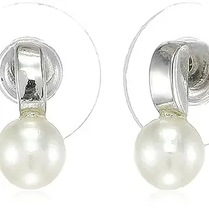 Estele Rhodium Plated Pearl Hanger Stud Earring for Women, Gold, One Size (371/715 ER)