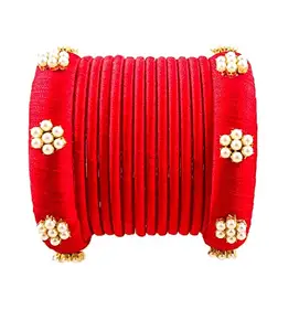 HABSA HABSA Hand Made Fancy Festival Silk Thread Bangles Plastic Bangle Set for Women (Red) (Pack of 14) (Size-2/12)
