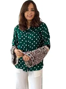 Zans & mens Women's Printed Shirt, Long Sleeve, Embroidered Cuffs, Collared Neck, Casual Ethnic Wear (in, Alpha, 2XL, Regular, Purpal-Bandhni)