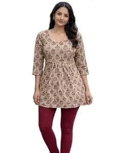 Orriva Womens Poly Rayon Round Neck 3/4 Sleeves Short Flared Kurti Featuring Floral and Geometric Print Design Breathable Fabric
