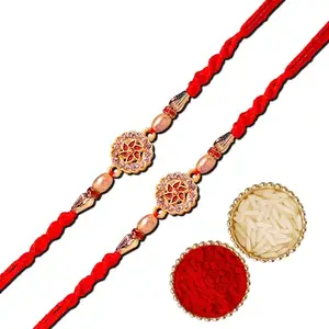 Traditional Designer Rakhi for Brother | Handcrafted Rakhi with Red Thread and Stone Work | Raksha Bandhan Gift for Bhai (Set of 2) with Roli and Chawal