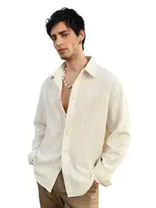 The Souled Store Seersucker: Men and Boys Long Sleeve Spread Collar Striped Lightweight Easy to Style Everyday Office Wear Cotton Relaxed Shirt