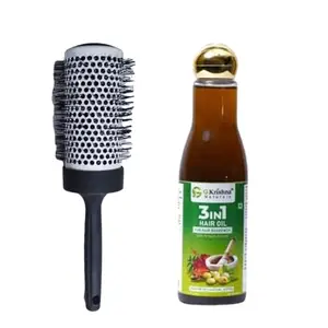 G Krishna Naturals Combo Pack of Big Roller Hair Brush & 3 in 1 Hair Oil for Women & Men | Durable Long Lasting Wood Kangi and Hair Oil for Natural Hair Growth (Pack of 1 Each)(GKNPC1-14)