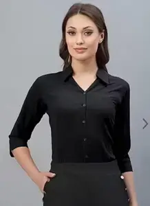 Women Formal Cotton Blend Poplin Shirt | Slim Fit Solid Plain 3/4 Sleeve