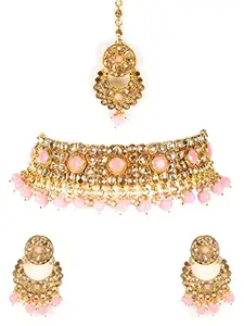 JAZZ AND SIZZLE Gold Plated Pink Pearls Kundan Beads Studded Choker Necklace Set with Mangtika for Girls and Women - Set of 1