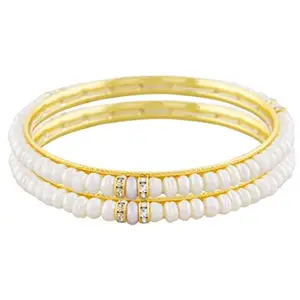 VISHAKA PEARLS AND JEWELLERS Pearls and Stone Studded Gold Plated Real Fresh Water Pearls Combination Bangle Set For Women/Girls 2.12/2.10/2.8/2.6/2.4/2.2