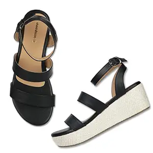 Shoeshion Women's Dressy Casual Summer, Breathable Platform Non Slip Buckle Strappy Sandals. (Black, numeric_5)