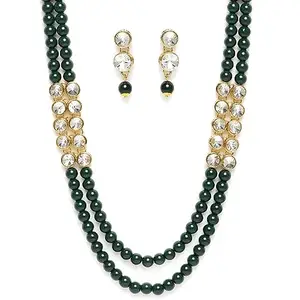 OOMPHelicious Jewellery Green Necklace Set Kundan & Beads Multi Layer Long Necklace Set with Drop Earrings For Women & Girls Stylish Latest Birthday & Anniversary Gift (NEDP61_CC1)