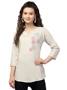 TREND LEVEL Women's Rayon Designer Embroidered Regular Fit Top || Plus Size Top || (XL, Off White Flower)