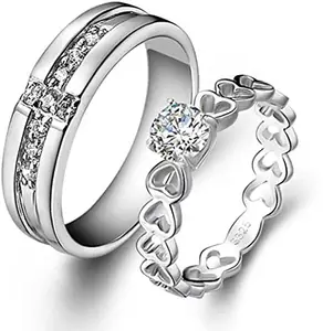 MEENAZ CZ Valentine Gifts American diamond Adjustable Heart Love King Queen Ring Combo set Platinum Silver propose AD Couples 2 Finger Rings for girls women Couple girlfriend Gf BF lovers men boys