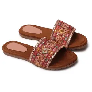 Women's Designer Chappal Flip-Flops Slip-On Flats Sandals (Peach)