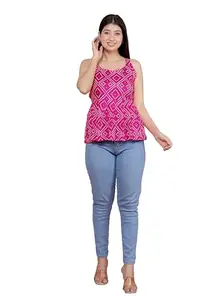 Women's Cotton Printed Sleeveless Short Flared Anarkali Top (Pink-L)