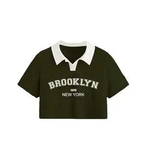 FUNKY MONKEY Womens Collar Crop Top (in, Alpha, S, Regular, Olive)