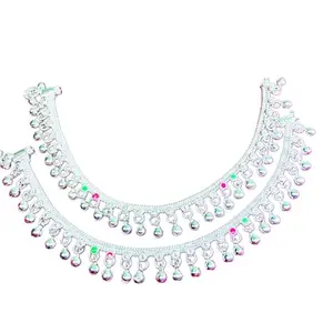 German Silver Anklet/Payal with Bells &colored stone Heart Design Silver plated-10.5 iNCH