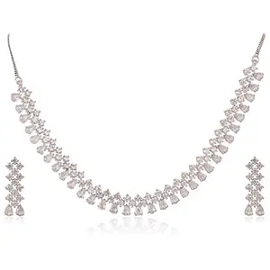 RATNAVALI JEWELS American Diamond Silver Plated Traditional Fashion Jewellery White Necklace Set with Earring for Women/Girls RV4134-SP