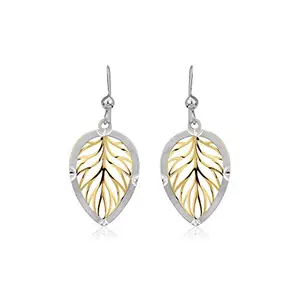 VANBELLE 925 Sterling Silver-Silver andGold Toned-Rhodium-Plated-Leaf Shaped-Handcrafted-Drop Earrings